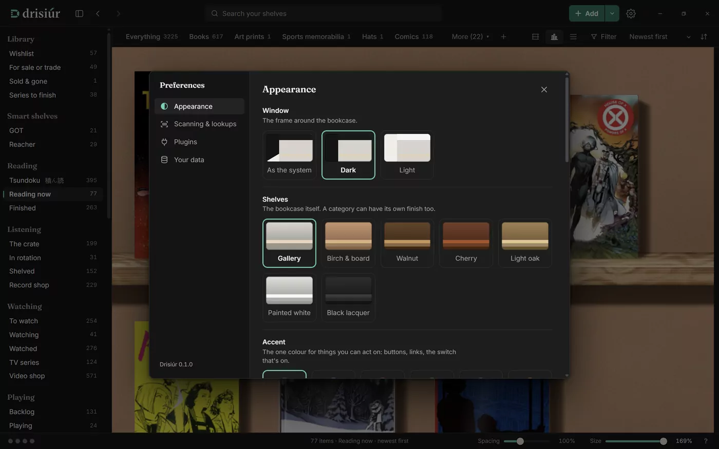 Drisiúr’s Preferences on the Appearance page: the window as the system, Dark or Light, and the shelf finishes, Gallery, Birch and board, Walnut, Cherry, Light oak, Painted white and Black lacquer.
