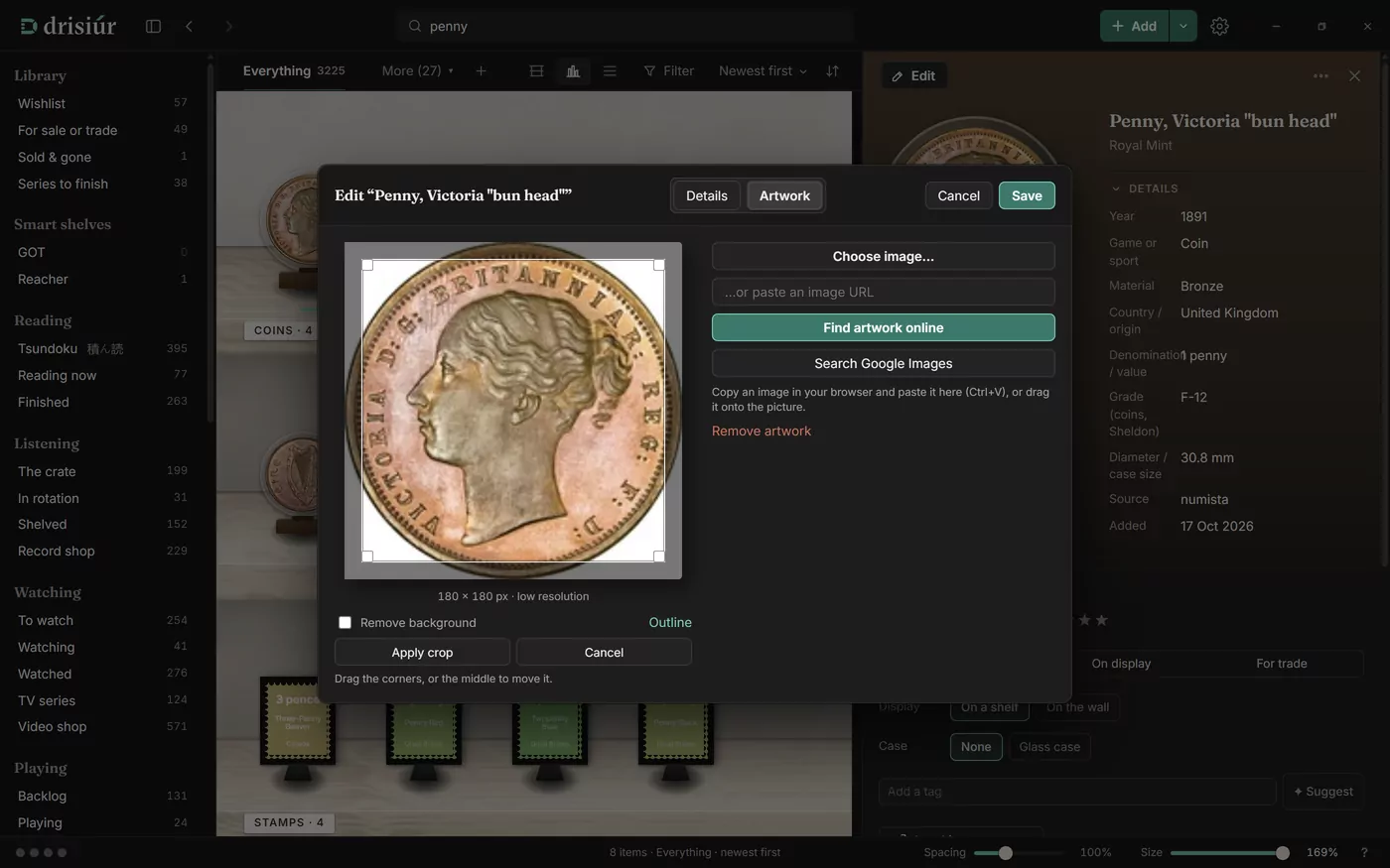 The coin photo with Crop started: a frame over the picture to drag to the part to keep.
