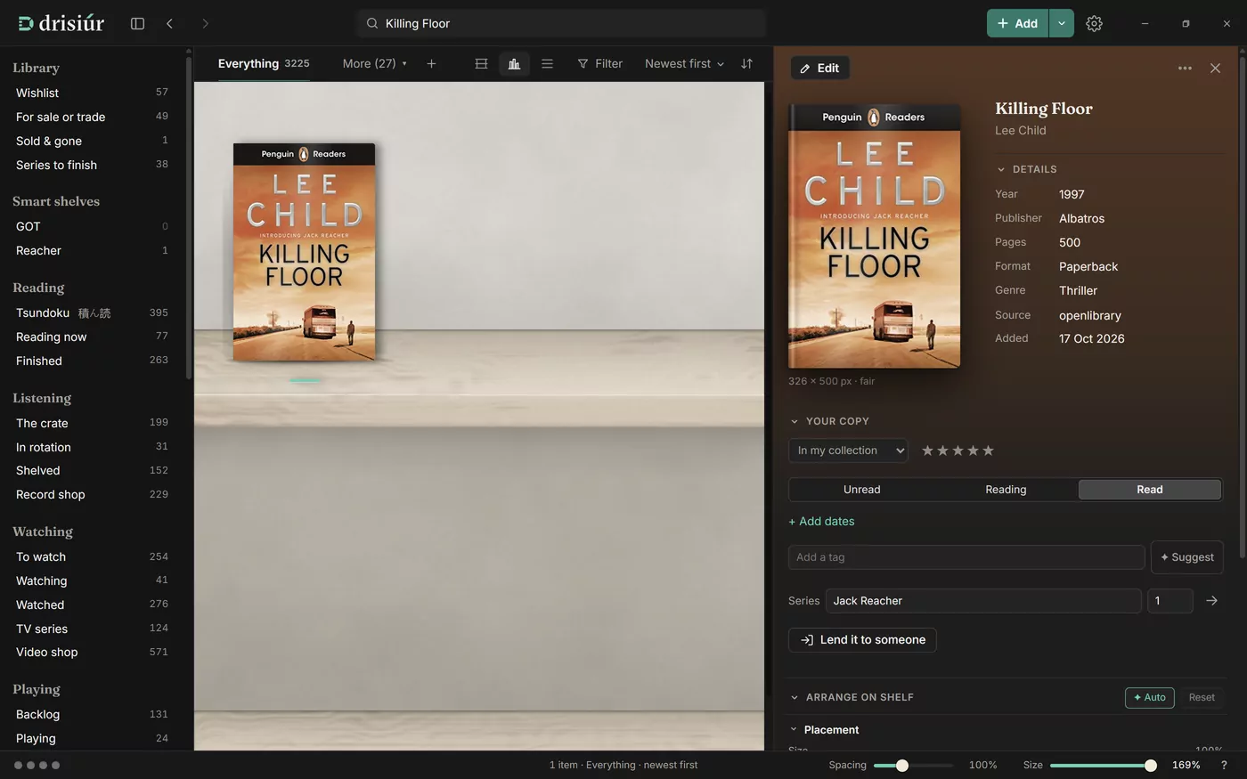 The details panel for a book, Killing Floor by Lee Child, open beside its shelf: the book as it stands, its details, and Your copy with ownership, stars, status, tags, series and lending.