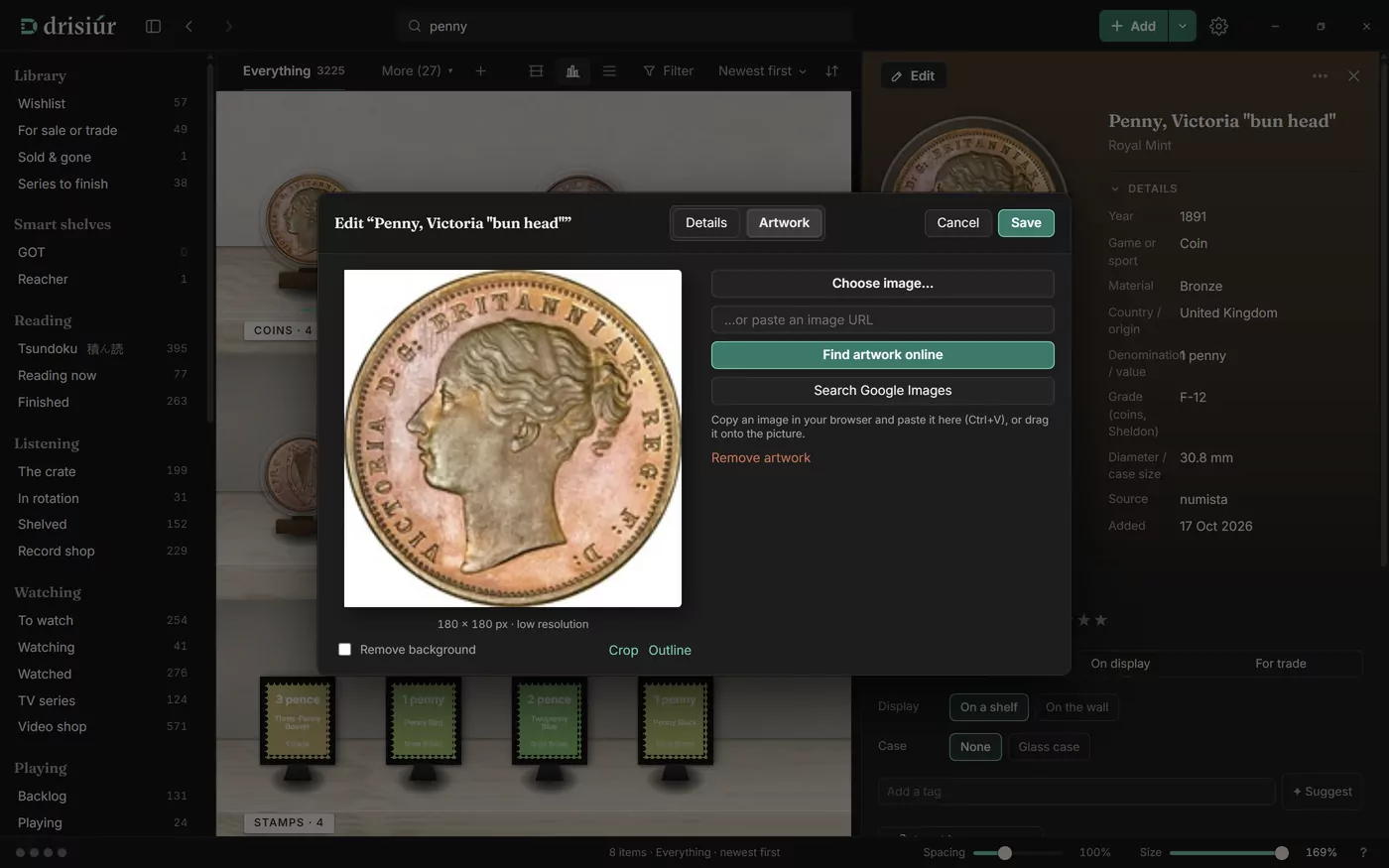 The editor’s Artwork tab for a Victorian penny: the photo of the coin on the left, and Choose image…, a box for an image URL, Find artwork online and Search Google Images on the right.