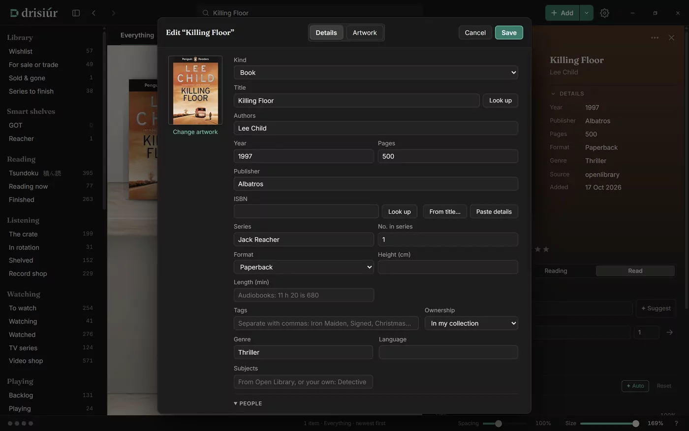The editor’s Details tab for Killing Floor, open over the shelf, with fields for the kind, title, authors, year, publisher, ISBN, series and format.