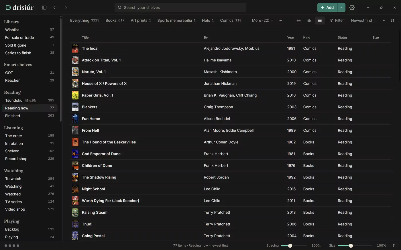 The Reading now shelf in List view: rows with columns for title, by, year, kind, status and size.