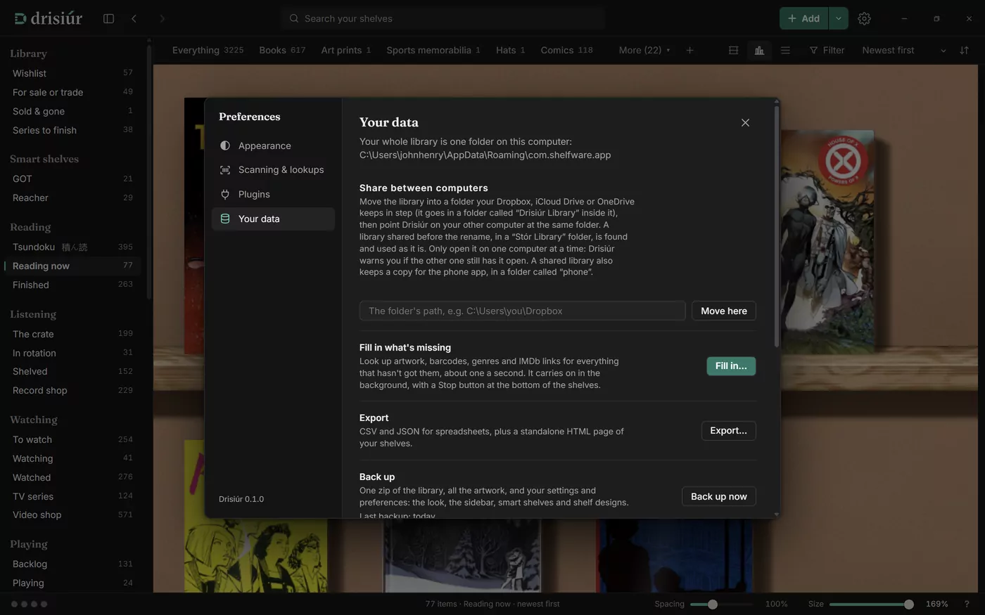 Preferences on the Your data page: where the library is kept, share between computers, fill in what’s missing, export and back up.
