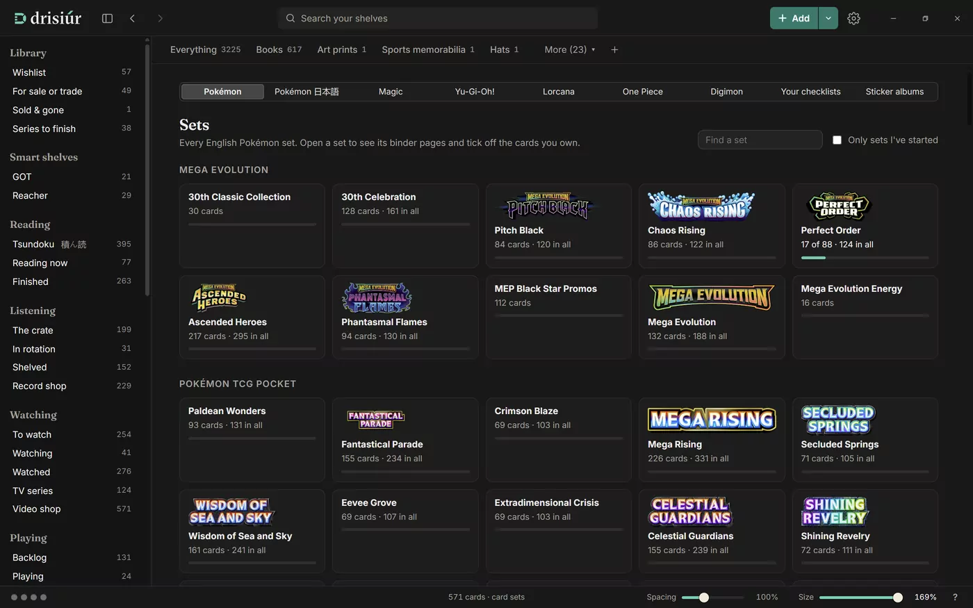 The Sets page on the Pokémon tab: the sets in a grid, grouped by series, each with how many of its cards you have.