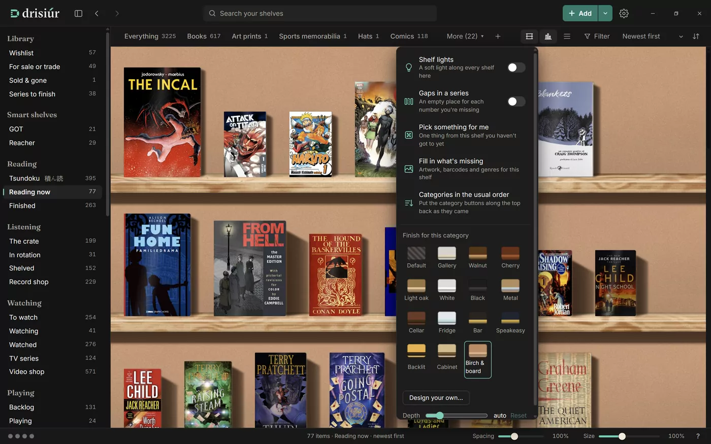 The shelf options open over the Reading now shelf: shelf lights, gaps in a series, pick something for me, fill in what’s missing, categories in the usual order, the finishes and the depth slider.