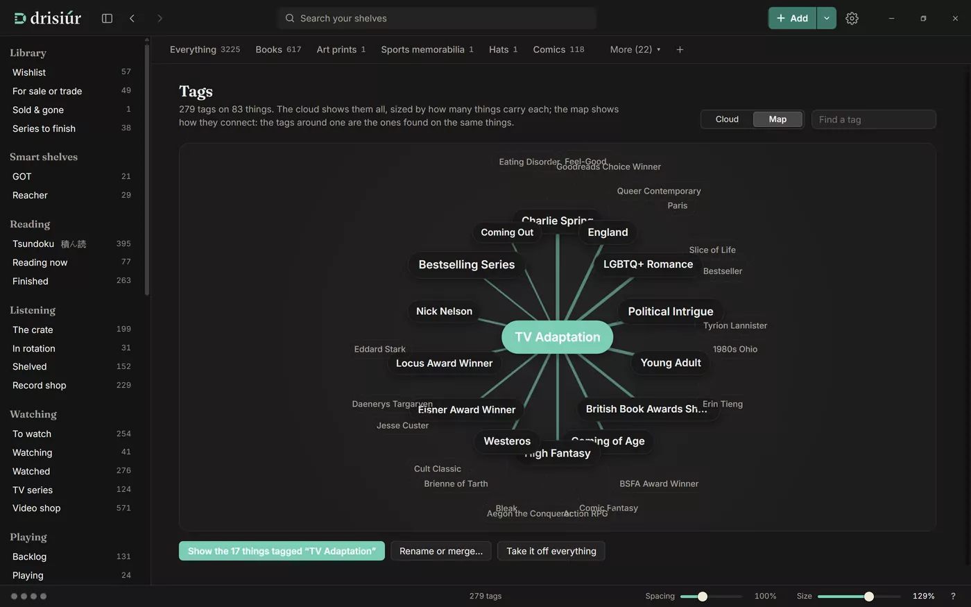 The Tags page as a Map: tags linked around one picked tag, with Rename or merge and Take it off everything below.