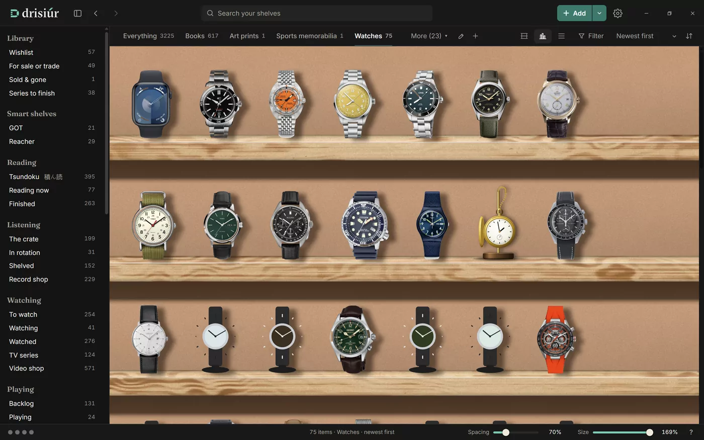 A Watches category made from a template: rows of wristwatches standing on stands along wooden shelves.