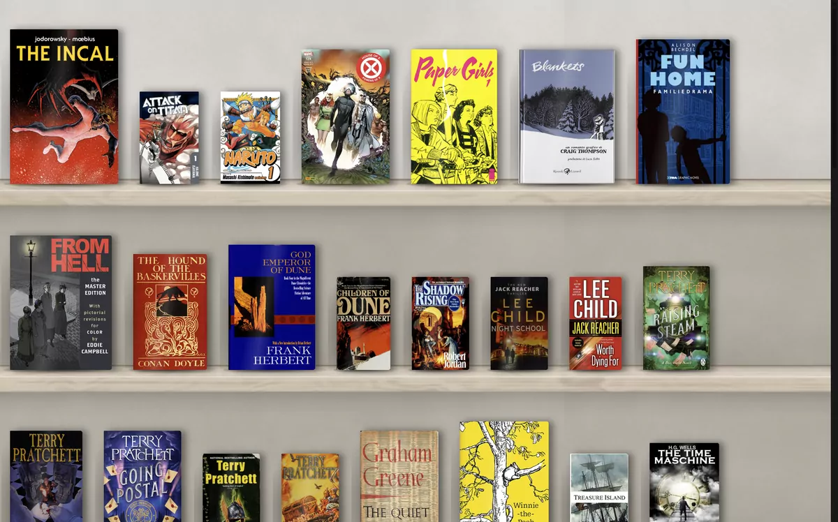 A shelf of books in Drisiúr, finished with pale oak planks on soft plaster, in daylight.