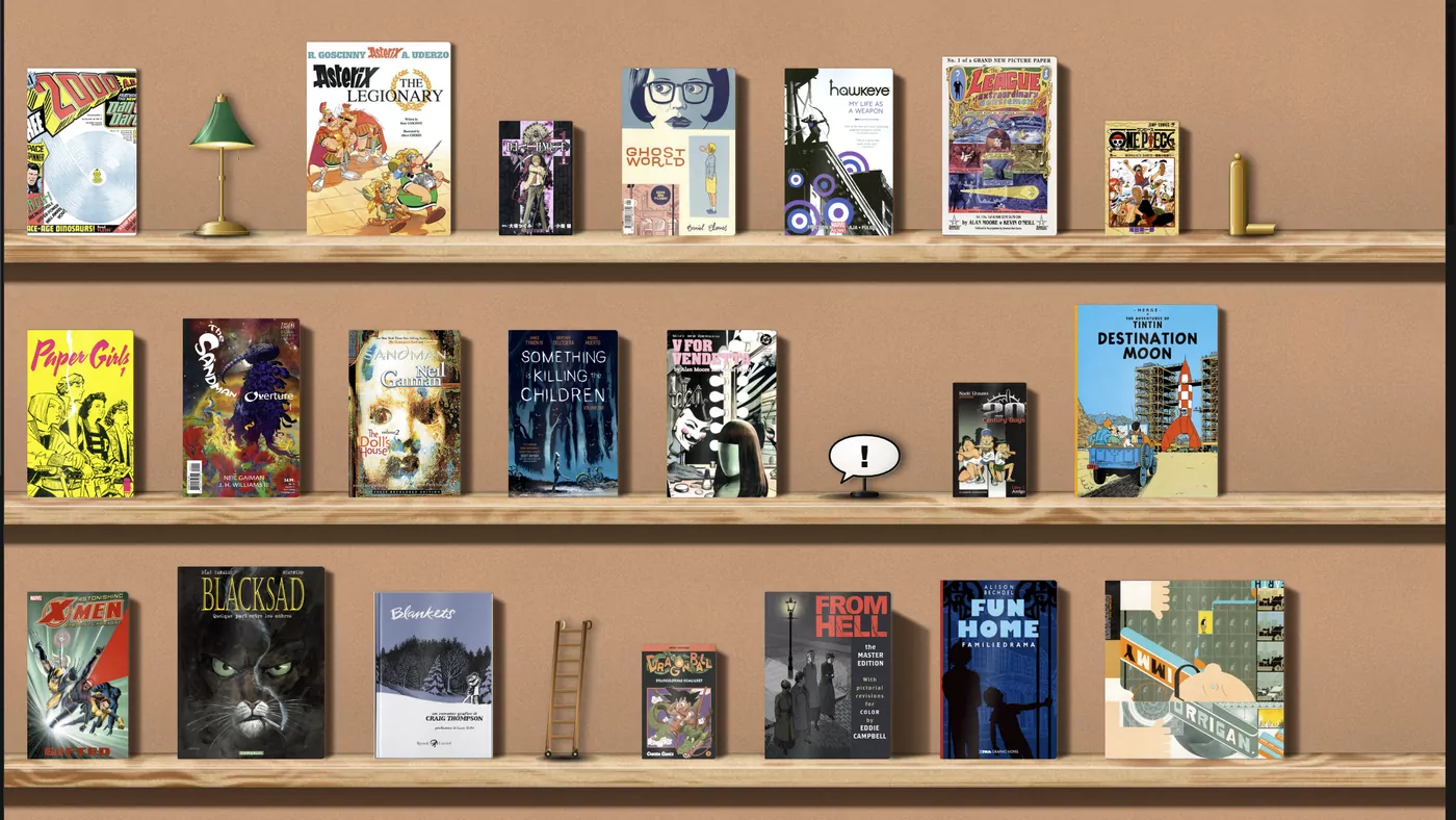 Comics and graphic novels face out on wooden shelves, with a small green reading lamp and a library ladder among them.