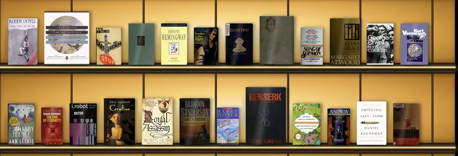 The same books on shelves lit warmly from behind.