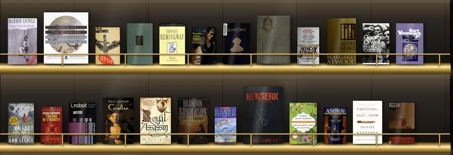 The same books on a bar back with brass rails.