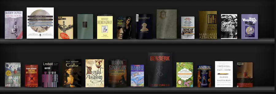 The same books on black lacquered shelves.