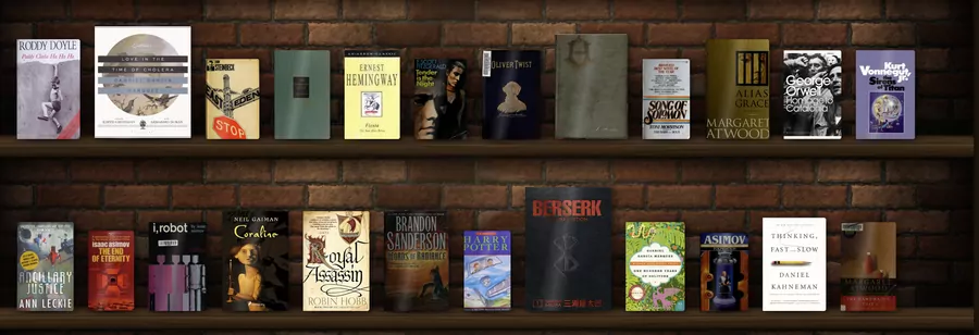 The same books on shelves against a brick cellar wall.