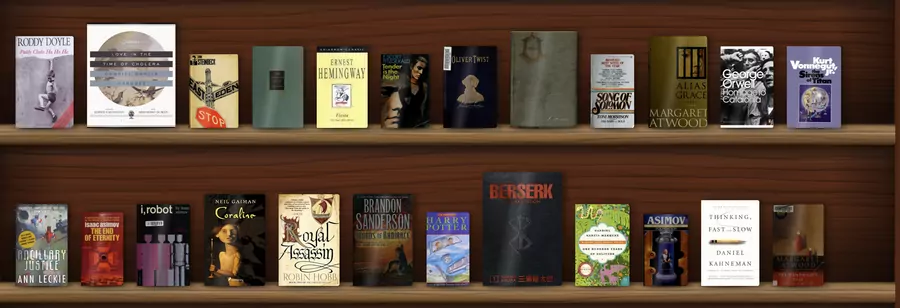 The same books on reddish cherry planks.