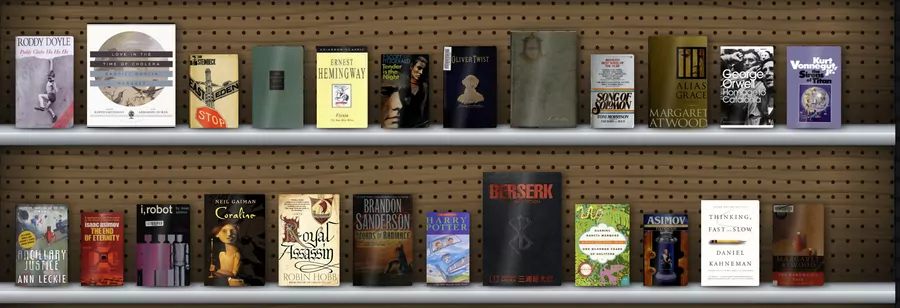 The same books on metal shelves on a pegboard.