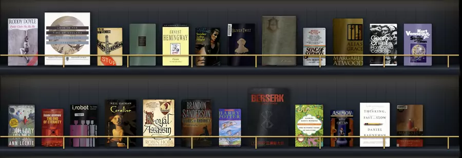 The same books on dark blue shelves with brass rails.