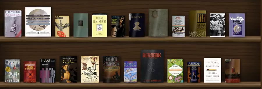 The same books on dark walnut planks.