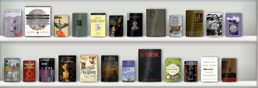 The same books on painted white shelves.