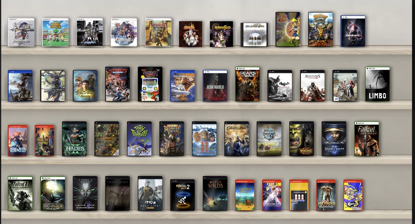 Rows of video games in their cases on pale shelves, the cases in different sizes and colours.