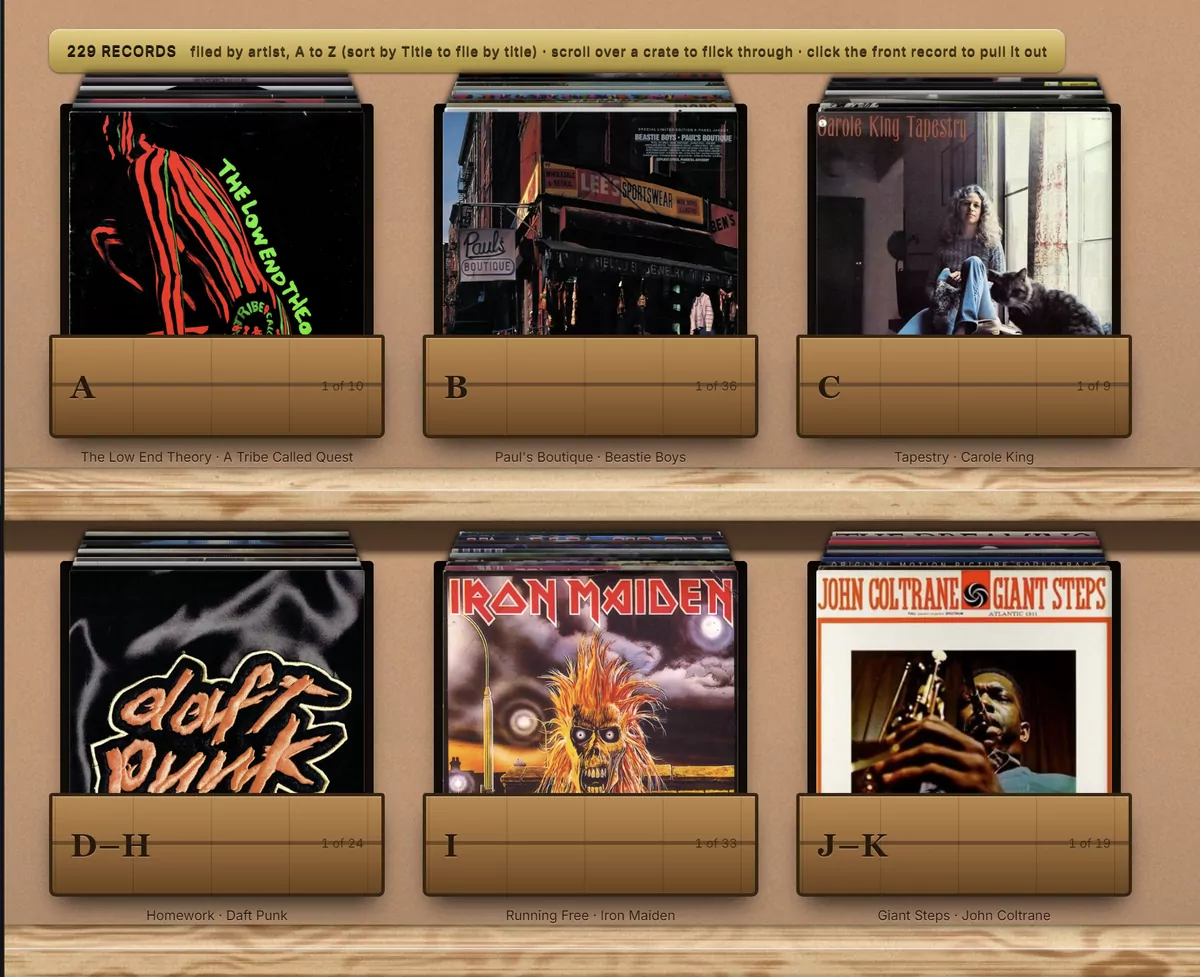 Records standing in wooden crates on a shelf, each crate lettered A, B, C and so on, with the front sleeve of each showing.